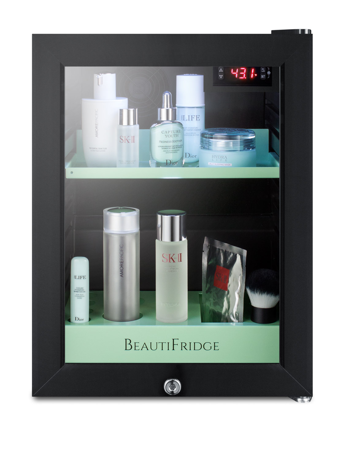 BeautiFridge compact cosmetics cooler with glass door, black cabinet, lock, glossy mint-colored shelves, and digital controls set for the storage of beauty products